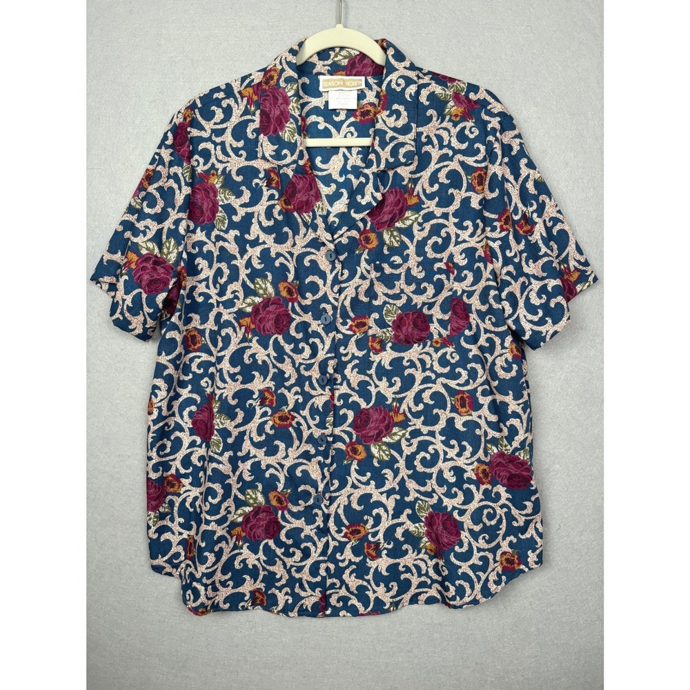 Season Ticket Vintage Dark Floral 2X Short Sleeve Camp Collar Blouse - Picture 3 of 13